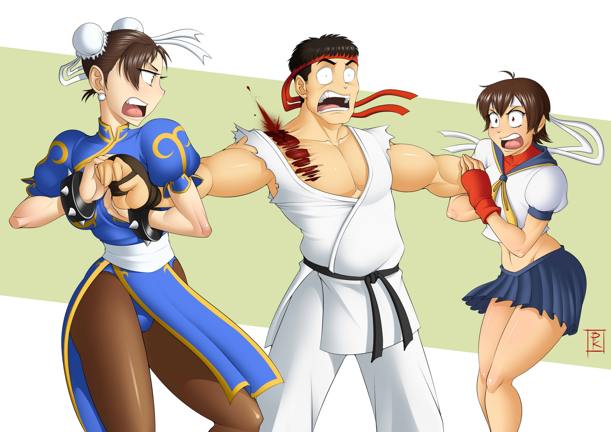 Chun-Li and Sakura fighting over Ryu. 